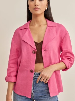 REFORMATION Alonso Linen Top in Snapdragon / pink shirt style tops / women’s lightweight summer shackets - flipped