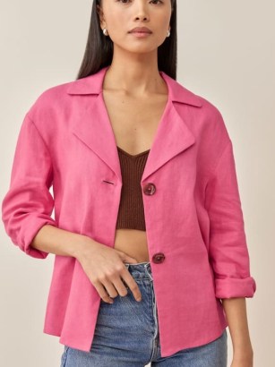 REFORMATION Alonso Linen Top in Snapdragon / pink shirt style tops / women’s lightweight summer shackets
