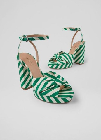 AMANDA GREEN AND WHITE STRIPE FABRIC PLATFORM SANDALS ~ emerald striped ankle strap summer platforms ~ women’s retro shoes ~ womens 1970s vintage style footwear - flipped