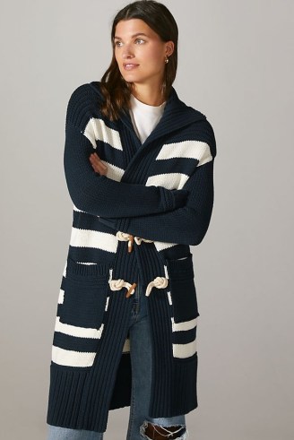 Maeve Toggle Duster Cardigan Navy | womens dark blue striped longline chunky cardigans - flipped