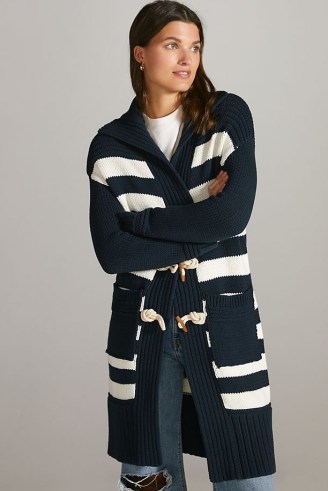 Maeve Toggle Duster Cardigan Navy | womens dark blue striped longline chunky cardigans