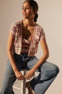 Pilcro La Cascada Crochet Cardigan Pink Combo | womens short sleeve open cardigans | feminine knitwear