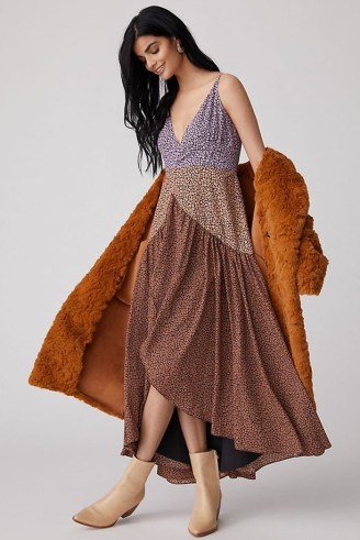 Hutch Contrast Wrap Midi Dress Brown Motif / ditsy floral print dip hem dresses / plunge front fashion - flipped