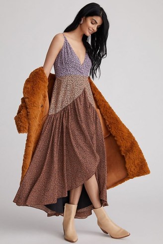 Hutch Contrast Wrap Midi Dress Brown Motif / ditsy floral print dip hem dresses / plunge front fashion