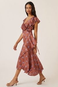 Ruffle-Sleeve Printed-Wrap Maxi Dress in Brown ~ feminine floral ruffled trim dresses