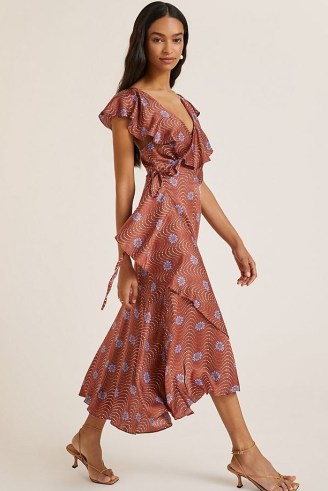 Ruffle-Sleeve Printed-Wrap Maxi Dress in Brown ~ feminine floral ruffled trim dresses - flipped