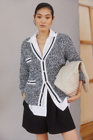 Maeve Tweed Boyfriend Cardigan Black and White ~ womens textured button front catdigans - flipped