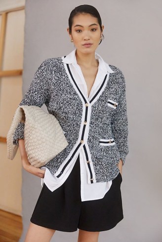Maeve Tweed Boyfriend Cardigan Black and White ~ womens textured button front catdigans