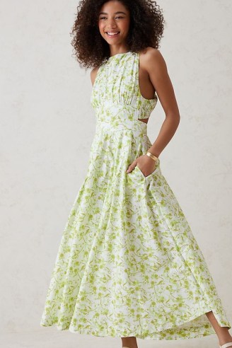 Aureta Elke Maxi Dress Green Motif ~ sleeveless fit and flare cotton dresses ~ feminine floral print summer fashion ~ open crisscross back ~ long length - flipped