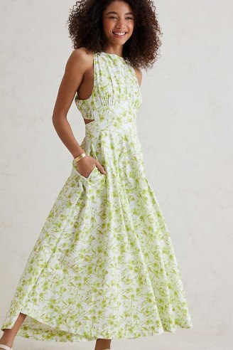Aureta Elke Maxi Dress Green Motif ~ sleeveless fit and flare cotton dresses ~ feminine floral print summer fashion ~ open crisscross back ~ long length