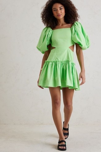 Aureta Ada Mini Dress ~ green puff sleeved cut out dresses - flipped