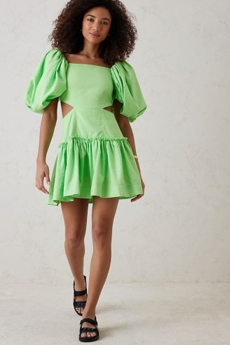 Aureta Ada Mini Dress ~ green puff sleeved cut out dresses