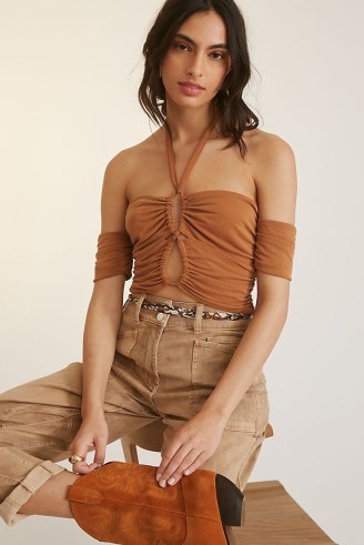 Sunday in Brooklyn Keyhole Halter Top in Brown ~ boho halterneck tops ~ bohemian cut out fashion - flipped