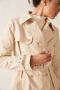 Anthropologie Daisy Trench Coat in Beige ~ womens belted floral embroidered coats