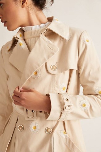 Anthropologie Daisy Trench Coat in Beige ~ womens belted floral embroidered coats - flipped
