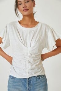Pilcro Ruched Tee ~ women’s white gathered cotton blend T-shirt ~ womens short flutter sleeve T-shirts