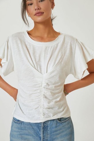 Pilcro Ruched Tee ~ women’s white gathered cotton blend T-shirt ~ womens short flutter sleeve T-shirts