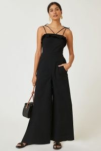 Maeve Ruffled Jumpsuit Black ~ chic frill trimmed wide leg jumpsuits