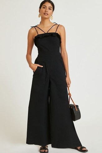 Maeve Ruffled Jumpsuit Black ~ chic frill trimmed wide leg jumpsuits - flipped