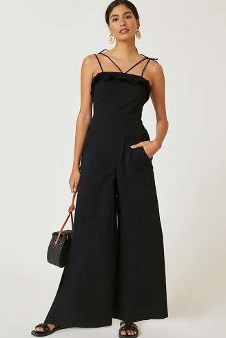 Maeve Ruffled Jumpsuit Black ~ chic frill trimmed wide leg jumpsuits