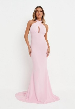 MISSGUIDED baby pink crepe halterneck maxi dress – front keyhole cut out halter neck dresses – glamorous long length occasion fashion - flipped