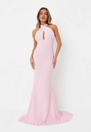 MISSGUIDED baby pink crepe halterneck maxi dress – front keyhole cut out halter neck dresses – glamorous long length occasion fashion