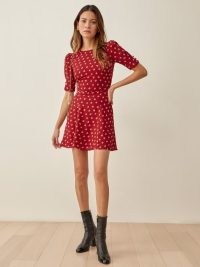 Reformation Bard Dress in Nigella / red floral mini dresses / puff sleeved fit and flare