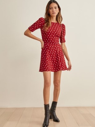 Reformation Bard Dress in Nigella / red floral mini dresses / puff sleeved fit and flare - flipped