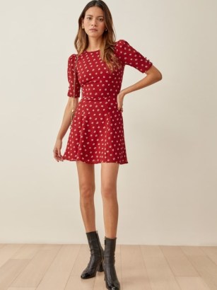 Reformation Bard Dress in Nigella / red floral mini dresses / puff sleeved fit and flare