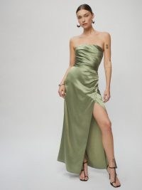 Reformation Barrow Dress in Artichoke – luxe green strapless maxi gowns – glamorous long length high split hem occasion dresses – evening glamour