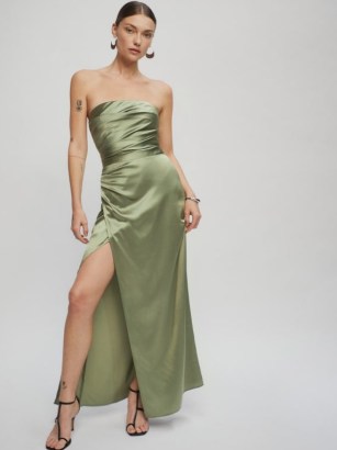 Reformation Barrow Dress in Artichoke – luxe green strapless maxi gowns – glamorous long length high split hem occasion dresses – evening glamour - flipped