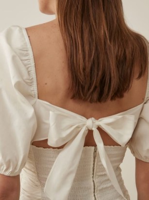 REFORMATION Barry Top in White ~ back tie detail fashion ~ puff sleeve ruched bodice tops ~ women’s organic cotton clothing