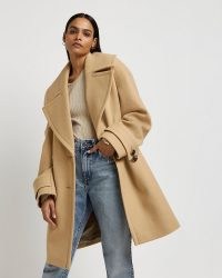 RIVER ISLAND BEIGE DOUBLE BREASTED LONGLINE COAT ~ womens chic neutral oversized collar coats