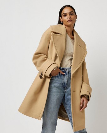 RIVER ISLAND BEIGE DOUBLE BREASTED LONGLINE COAT ~ womens chic neutral oversized collar coats - flipped