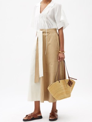 LEE MATHEWS Preston colour-block cotton midi skirt – cream and beige colourblock tie waist skirts - flipped