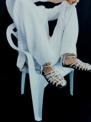 JIGSAW Bilboa Rope Ankle Tie Sandal / white leather caged flats - flipped