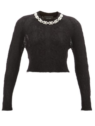 SIMONE ROCHA Beaded-neckline mohair-blend sweater / black semi sheer embellished sweaters / womens cropped jumpers / romantic knitwear / chic vintage style fashion - flipped