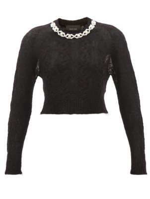 SIMONE ROCHA Beaded-neckline mohair-blend sweater / black semi sheer embellished sweaters / womens cropped jumpers / romantic knitwear / chic vintage style fashion