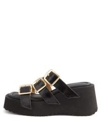 MM6 MAISON MARGIELA Buckled leather wedge sandals | chunky black triple buckle strap wedges | women’s wedged shoes summer 2022