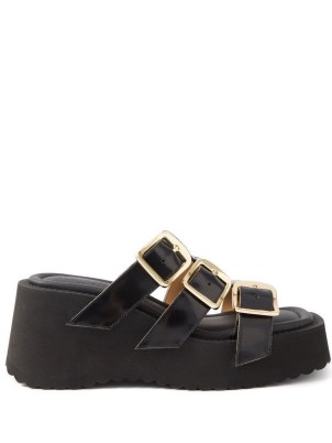 MM6 MAISON MARGIELA Buckled leather wedge sandals | chunky black triple buckle strap wedges | women’s wedged shoes summer 2022 - flipped