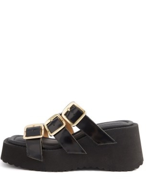 MM6 MAISON MARGIELA Buckled leather wedge sandals | chunky black triple buckle strap wedges | women’s wedged shoes summer 2022
