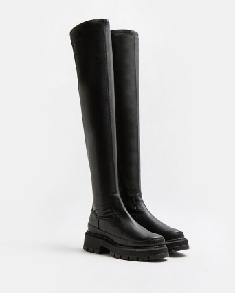 RIVER ISLAND BLACK CHUNKY OVER THE KNEE BOOTS ~ women’s on-trend footwear - flipped