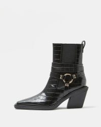 RIVER ISLAND BLACK CROC EMBOSSED WESTERN BOOTS ~ womens cowboy inspired footwear ~ strap detail