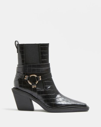RIVER ISLAND BLACK CROC EMBOSSED WESTERN BOOTS ~ womens cowboy inspired footwear ~ strap detail - flipped