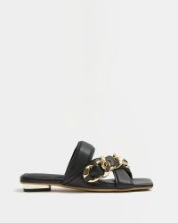 River Island BLACK CROSSOVER CHAIN FLAT SLIP ON SANDALS | square toe flats | chic look summer footwear