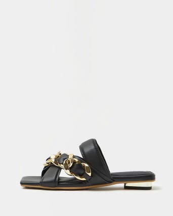 River Island BLACK CROSSOVER CHAIN FLAT SLIP ON SANDALS | square toe flats | chic look summer footwear - flipped