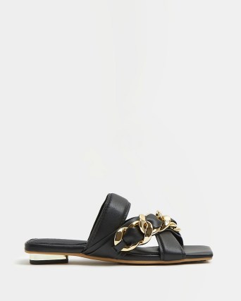 River Island BLACK CROSSOVER CHAIN FLAT SLIP ON SANDALS | square toe flats | chic look summer footwear