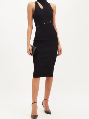 VERSACE Cutout ribbed-jersey dress – sleeveless high neck LBD – black cut out evening dresses – occasion glamour – glamorous event clothing - flipped
