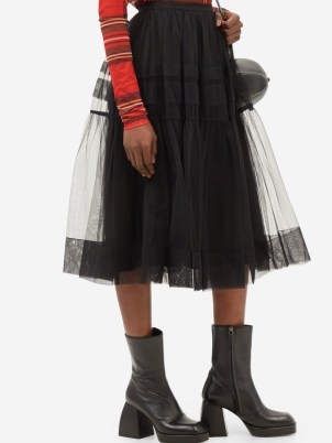 MOLLY GODDARD Ebba tulle midi skirt – black sheer overlay skirts – romantic net covered skirts - flipped