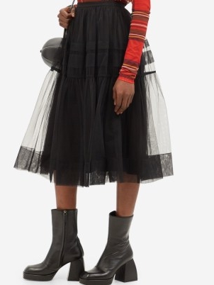 MOLLY GODDARD Ebba tulle midi skirt – black sheer overlay skirts – romantic net covered skirts